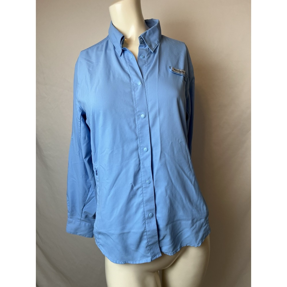 Columbia Womens PFG Snap Shirt Blue Sporty Fishing Vented Zip Side Pockets Med